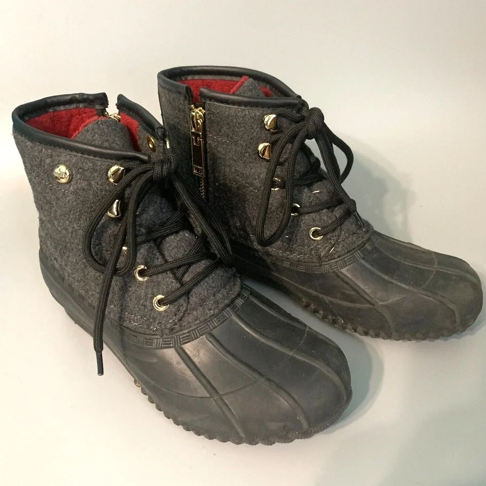Tommy Hilfiger Womens Grey Wool Duck‎ Boots Gold Zip Ankle Rain Snow Boots